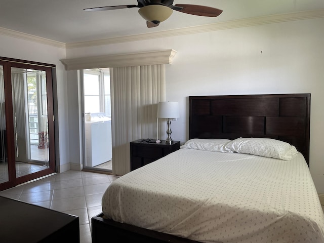 138 Monaco C, Delray Beach, FL 33446 - bedroom with light tile patterned floors, baseboards, a ceiling fan, access to exterior, and crown molding