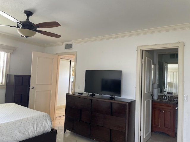 138 Monaco C, Delray Beach, FL 33446 - bedroom featuring ensuite bath, visible vents, ornamental molding, and light tile patterned flooring