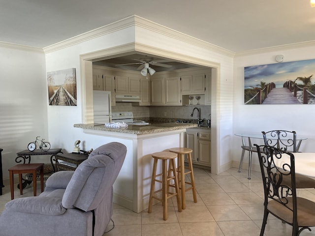 138 Monaco C, Delray Beach, FL 33446 - kitchen featuring under cabinet range hood, a peninsula, stainless steel refrigerator, white range with electric cooktop, and crown molding