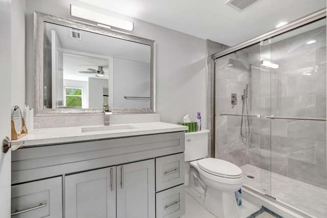 bathroom with toilet, a stall shower, vanity, and visible vents