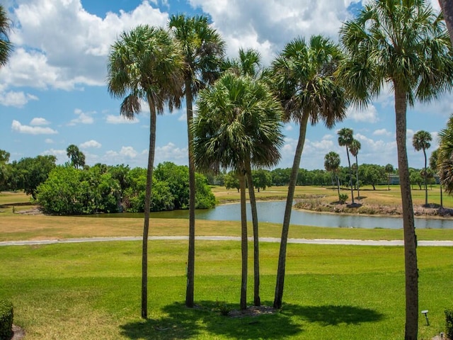 view of property's community featuring a yard and a water view