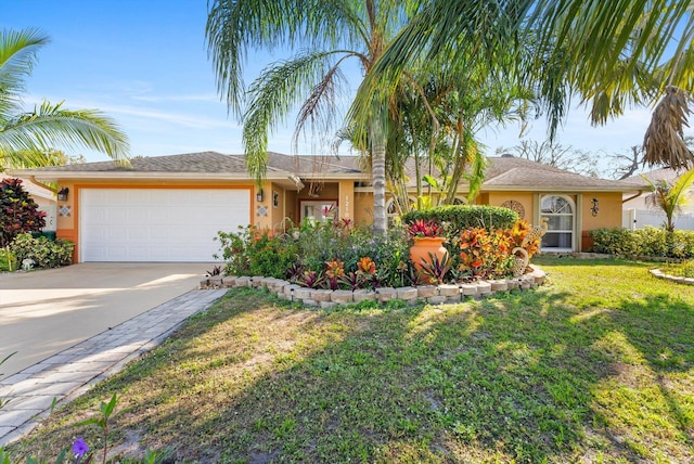 single story home with a front yard, driveway, an attached garage, and stucco siding