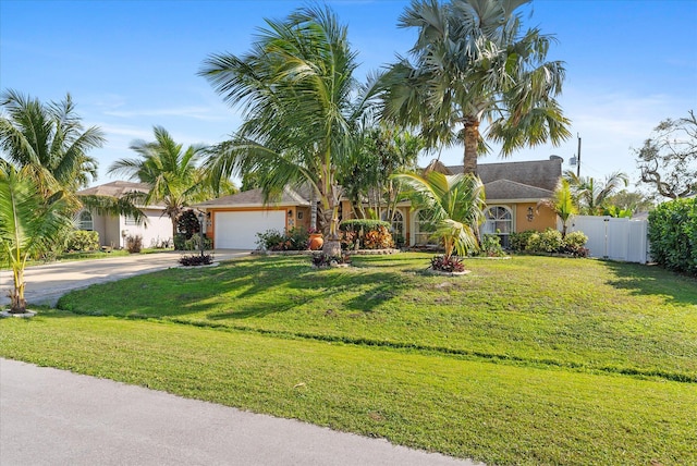 view of front of property featuring a front yard, driveway, an attached garage, and fence