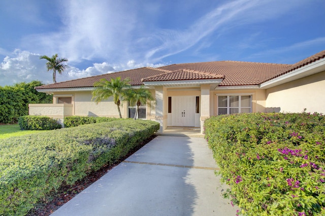 doorway to property featuring a tile roof and stucco siding