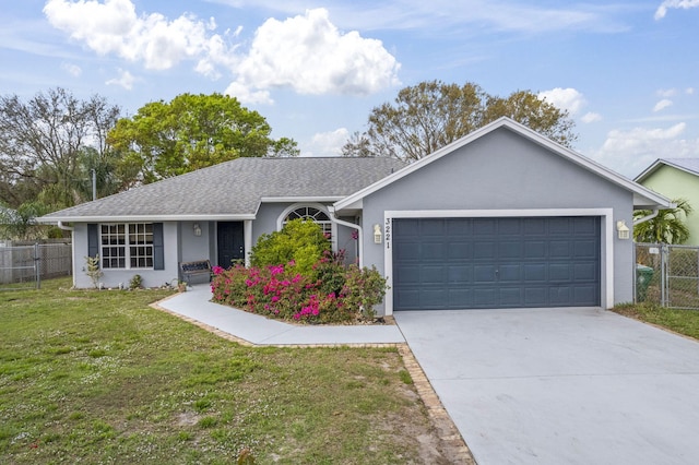 ranch-style house featuring a garage, fence, a front lawn, and stucco siding