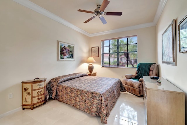 bedroom featuring light tile patterned flooring, a ceiling fan, and crown molding