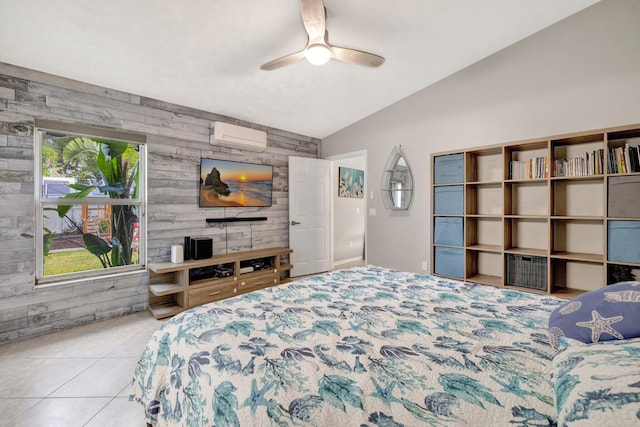tiled bedroom featuring ceiling fan, a wall mounted AC, vaulted ceiling, wood walls, and an accent wall