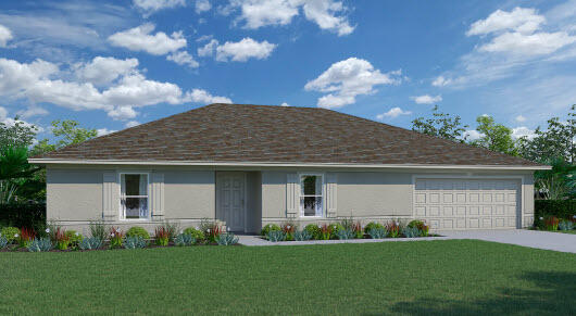 ranch-style home with an attached garage, a front lawn, and stucco siding