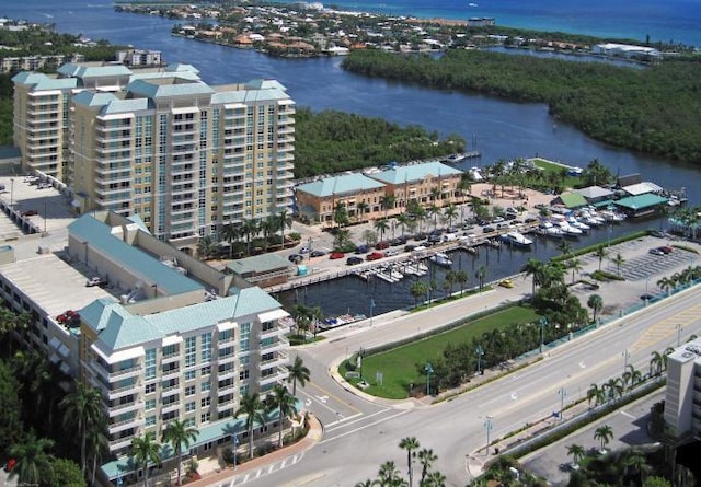 bird's eye view with a water view