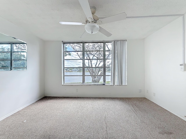 empty room with light colored carpet, plenty of natural light, a textured ceiling, and ceiling fan