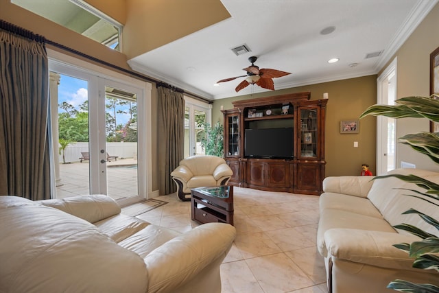 living room with recessed lighting, visible vents, ceiling fan, ornamental molding, and light tile patterned flooring