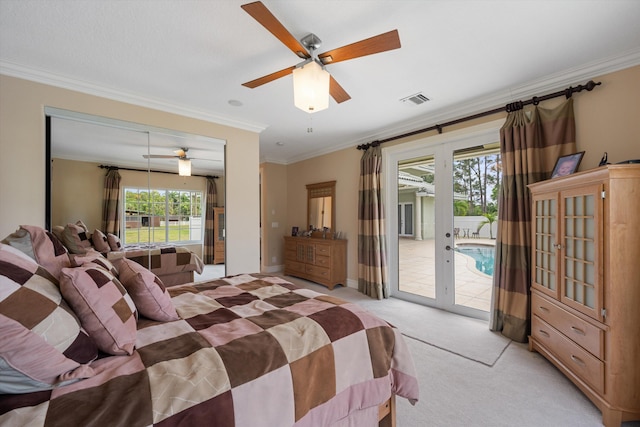 bedroom with french doors, crown molding, visible vents, light carpet, and access to outside