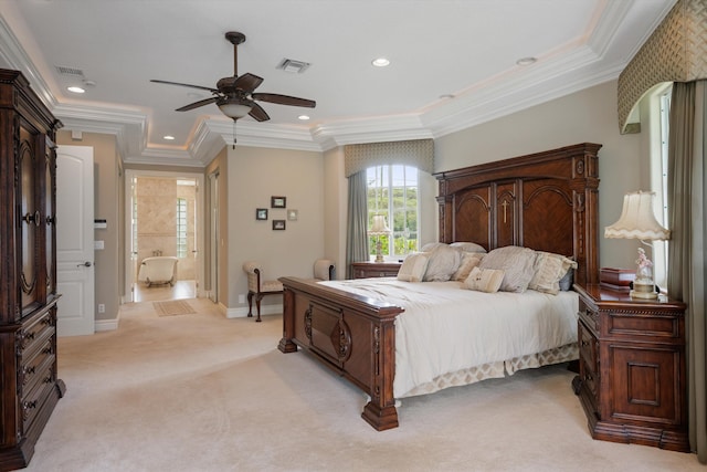 bedroom featuring light carpet, recessed lighting, visible vents, and ornamental molding