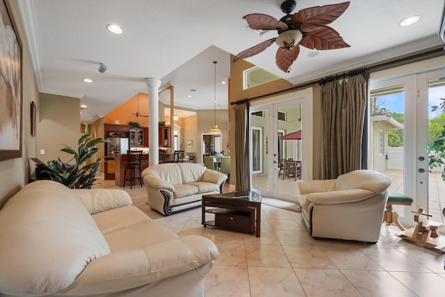 living area with ceiling fan, light tile patterned flooring, french doors, decorative columns, and crown molding