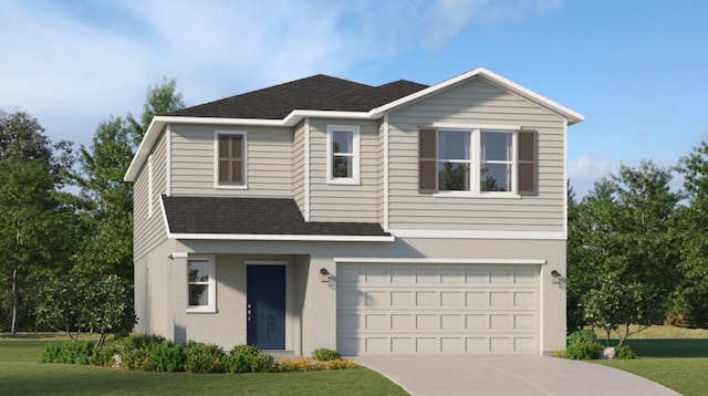 view of front of home with a garage, driveway, roof with shingles, and a front yard