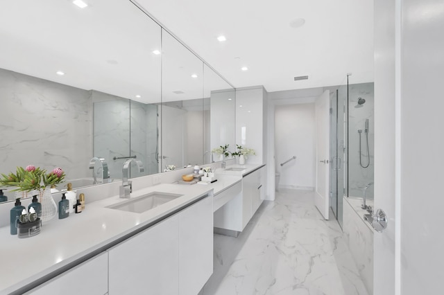 full bath with toilet, recessed lighting, vanity, marble finish floor, and a marble finish shower