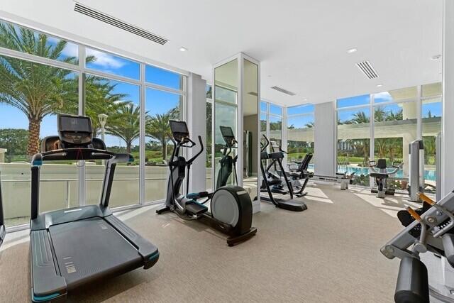 gym featuring expansive windows, visible vents, and carpet