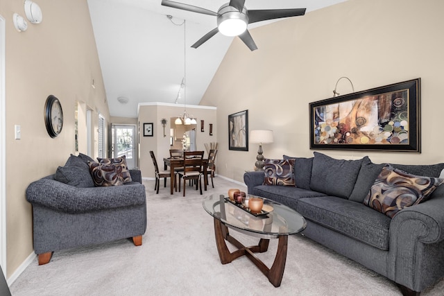 living area featuring ceiling fan, high vaulted ceiling, carpet flooring, and baseboards