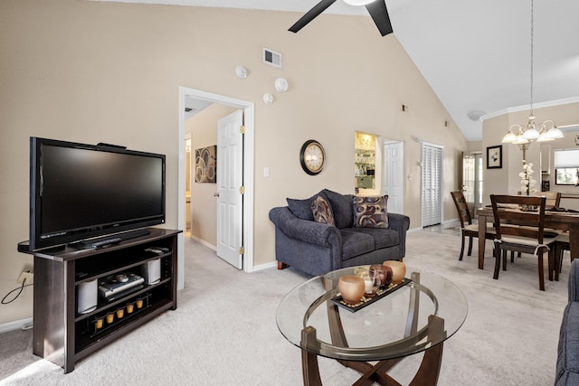 living room with light colored carpet, visible vents, high vaulted ceiling, baseboards, and ceiling fan with notable chandelier