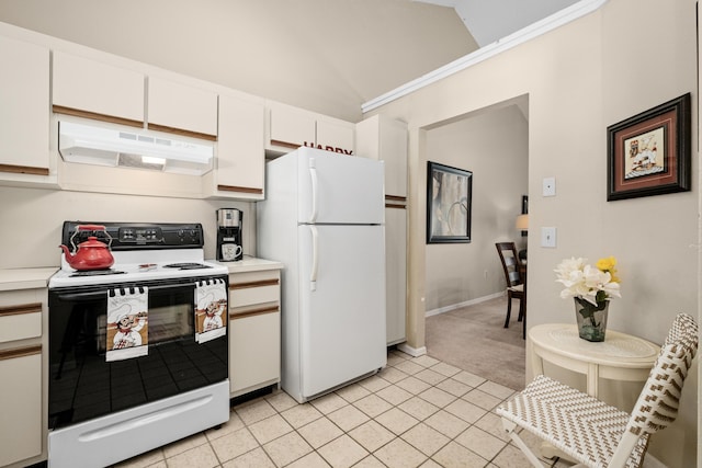 kitchen with light tile patterned floors, under cabinet range hood, white appliances, white cabinets, and light countertops