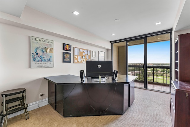 office space featuring light colored carpet, floor to ceiling windows, and baseboards