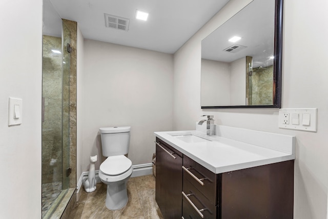 bathroom with toilet, a stall shower, vanity, and visible vents