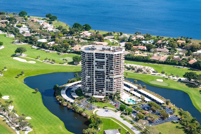 drone / aerial view featuring a water view and golf course view