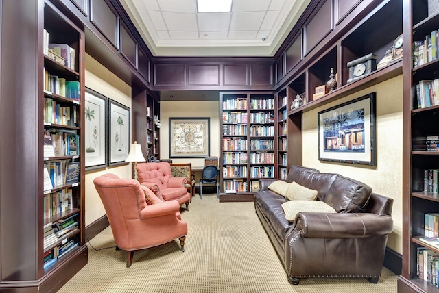 living area featuring bookshelves and light carpet