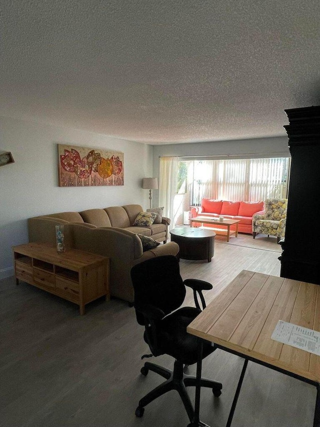 living room featuring a textured ceiling and wood finished floors