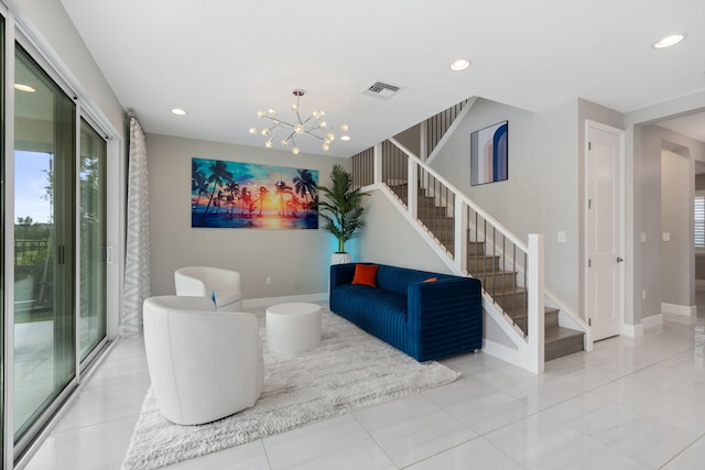 living room with stairs, recessed lighting, visible vents, and a healthy amount of sunlight