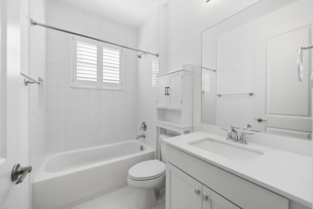 bathroom featuring shower / bathtub combination, toilet, and vanity