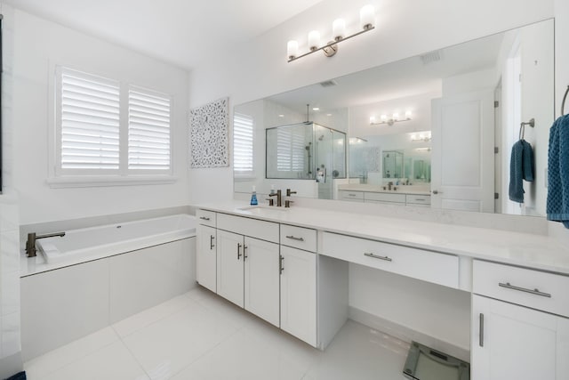 full bathroom with a stall shower, visible vents, a garden tub, and vanity