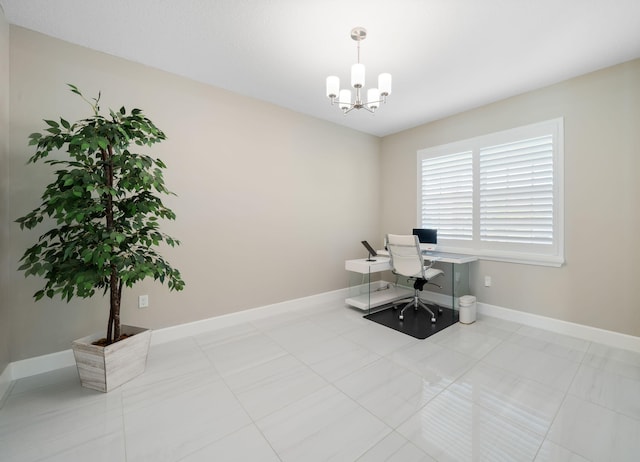 office with baseboards and an inviting chandelier