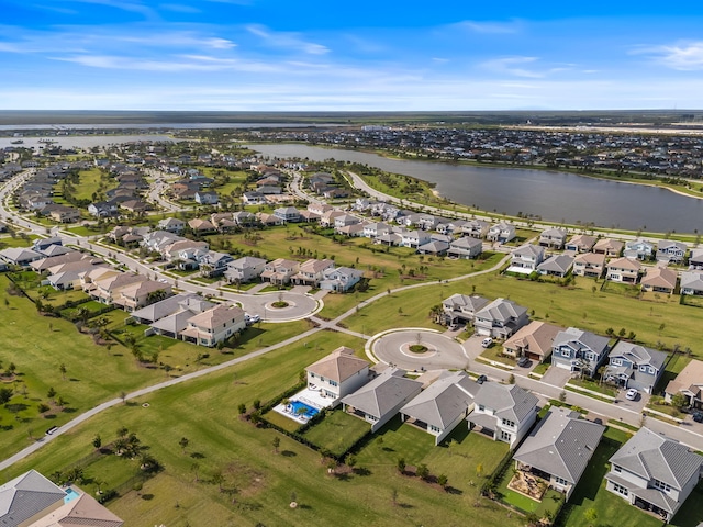 aerial view featuring a water view and a residential view