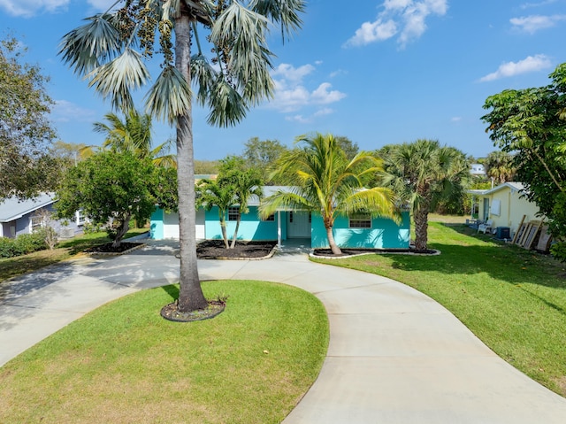 view of community featuring concrete driveway and a yard