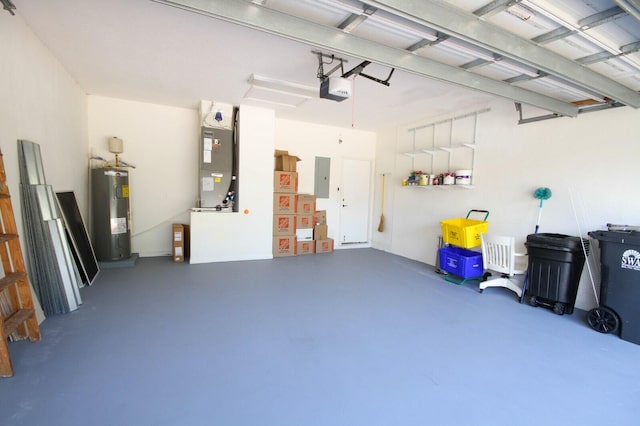 garage featuring electric panel, heating unit, water heater, and a garage door opener