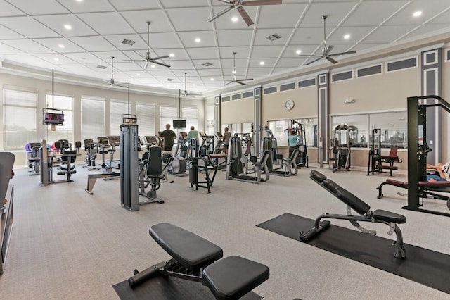 gym featuring ceiling fan, visible vents, a drop ceiling, and recessed lighting