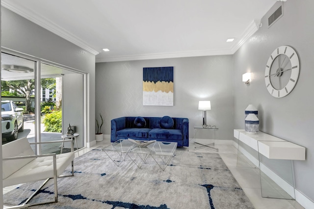 living area with light tile patterned floors, baseboards, visible vents, and crown molding