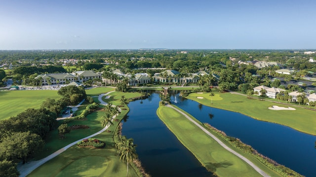 bird's eye view featuring a residential view, a water view, and golf course view