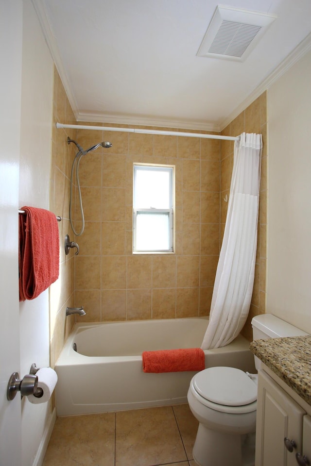 full bath with toilet, ornamental molding, tile patterned flooring, and visible vents
