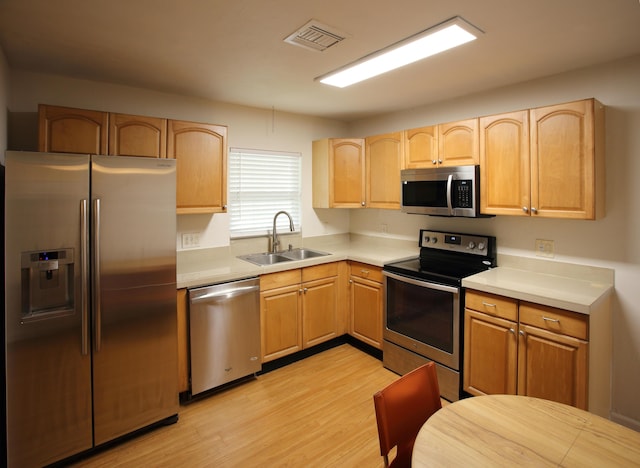 kitchen with light brown cabinets, stainless steel appliances, a sink, visible vents, and light countertops