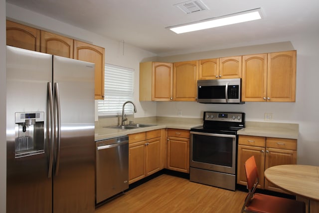 kitchen featuring appliances with stainless steel finishes, light countertops, a sink, and visible vents