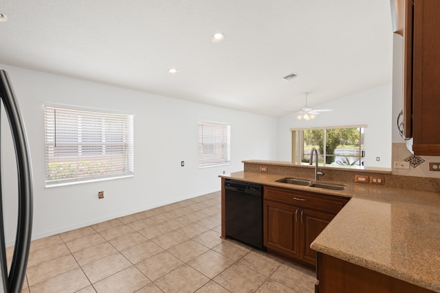 9081 Livorno St, Boynton Beach, FL 33472 - kitchen with black dishwasher, a sink, refrigerator, a peninsula, and ceiling fan