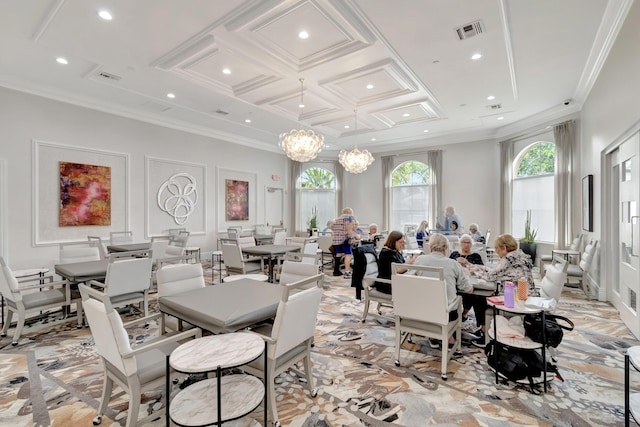 9081 Livorno St, Boynton Beach, FL 33472 - dining room featuring ornamental molding, coffered ceiling, recessed lighting, and a chandelier