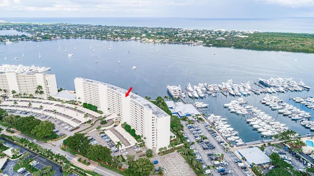 drone / aerial view featuring a water view and a city view