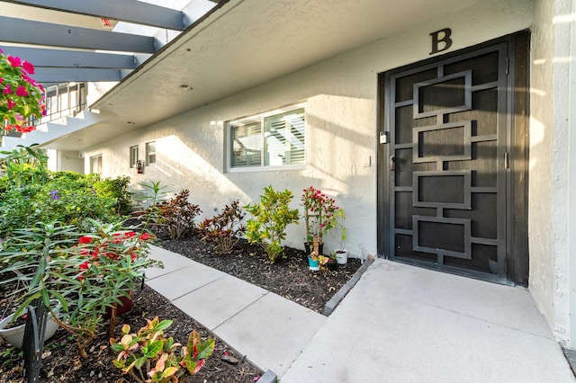 doorway to property featuring stucco siding