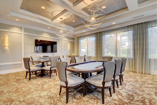 dining space with light carpet, coffered ceiling, visible vents, and recessed lighting