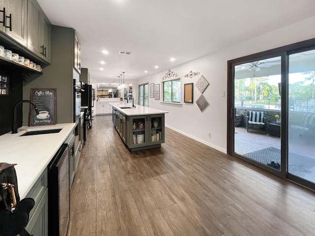 kitchen featuring hanging light fixtures, an island with sink, a sink, and glass insert cabinets