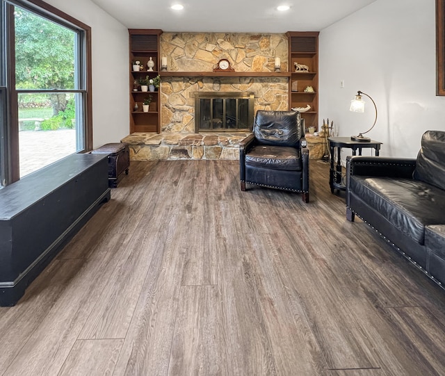 living area featuring a fireplace and wood finished floors