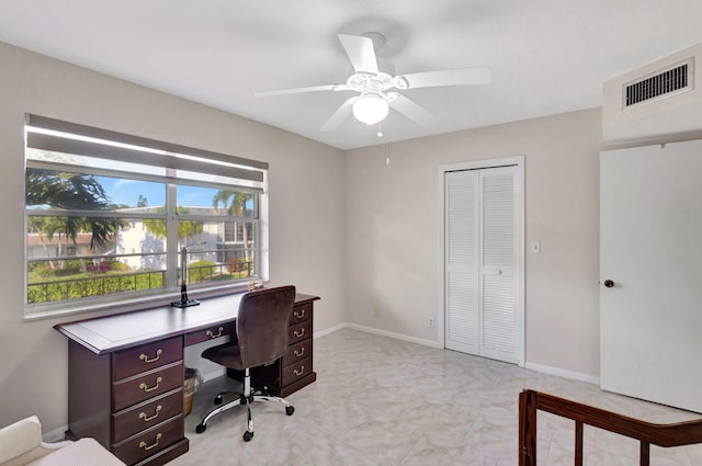 office featuring a ceiling fan, visible vents, and baseboards